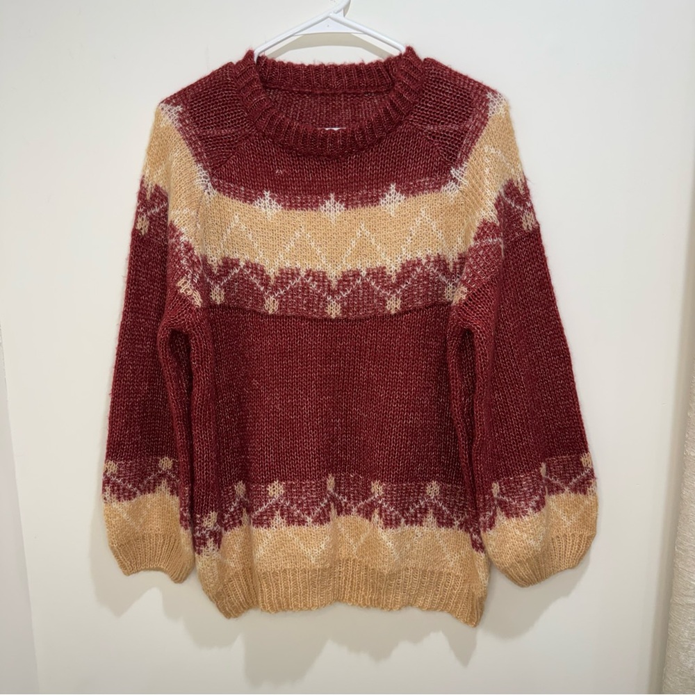 Mohair Knit Drop Shoulder Sweater Burgundy Tan‎ Size M